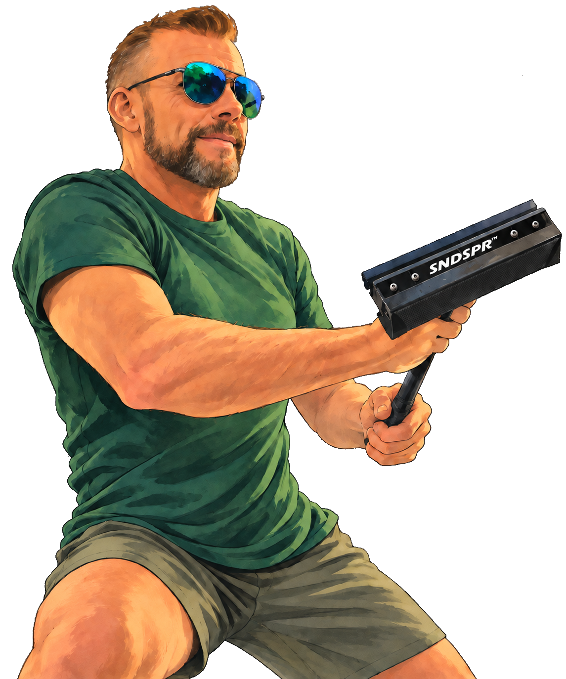 Illustration of Tyson wearing sunglasses and holding a squeegee marked SNDSPR.